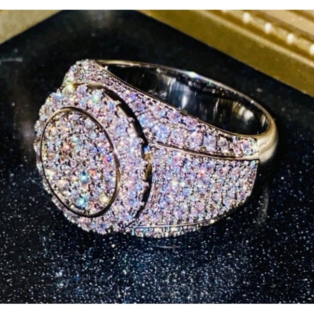 Iced Out Pave Statement Ring Silver Tone Costume Jewelry Size 8 Round Cluster